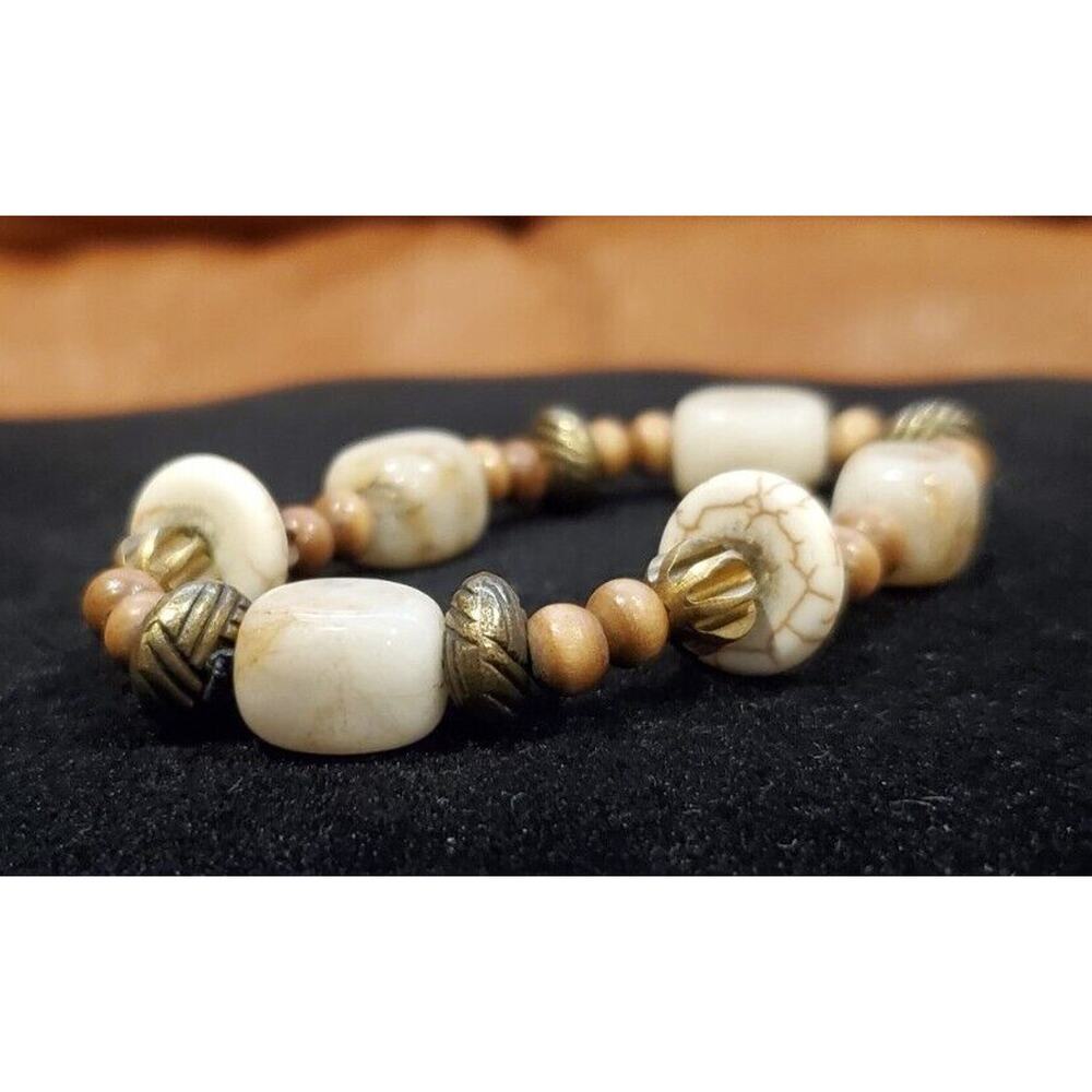 Beige Cream Tan Striated Stone Metal Wood Bracelet Birthday Valentine Gift Boho